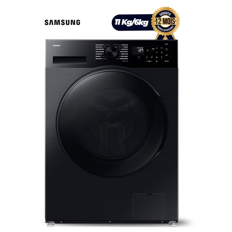 Machine à Laver Séchante SAMSUNG – 11 Kg/6 Kg, noir, frontal, bouton de commande et affichage digital, garantie 12 mois, prix Cameroun. 
