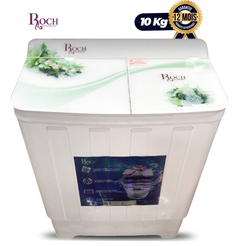 Machine à Laver Semi-Automatique ROCH RWM-10TG – 10Kg – Double Cuve – Couvercle Verre Floral – Garantie 12 Mois