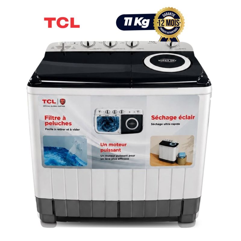 Machine à Laver Semi-Automatique TCL - F211TT - Double Cuve (Twin Tub) - 11 Kg (Lavage 11 Kg + Essorage 7 Kg) - Rinçage Douche - Filtre Anti-Peluches - Blanc - Garantie 12 Mois