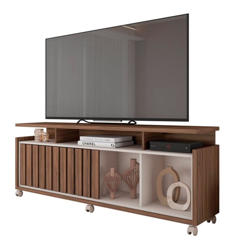 Meuble TV Oasis 160 cm (jusqu’à 70 pouces), bois brun et blanc cassé, plusieurs niches ouvertes, sur roulettes.