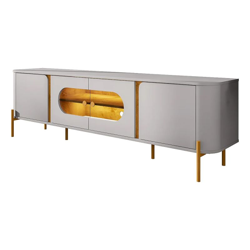 Meuble TV JUQUEHY - BA2076661 - Pour TV jusqu'à 75 pouces - 4 Portes Vitrées - Éclairage LED - 180cm - Blanc Cassé et Cannelle