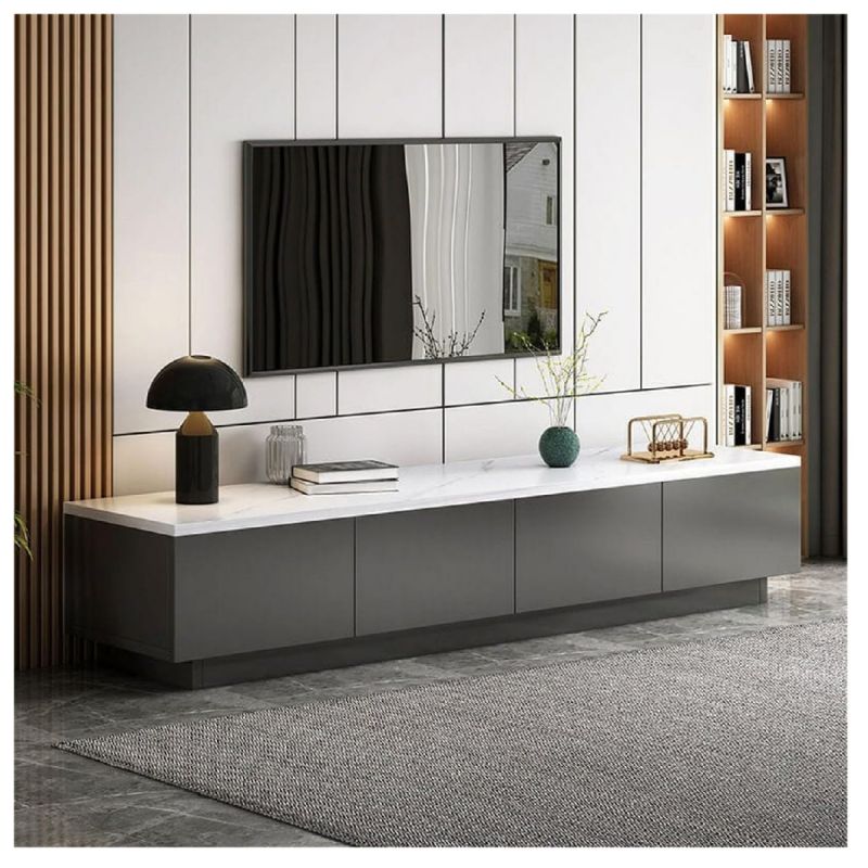 Meuble TV moderne Kutis - jusqu'à 65 pouces -  160 x 30 x 29 cm, blanc marbré et gris, avec 4 tiroirs, prix au Cameroun. 