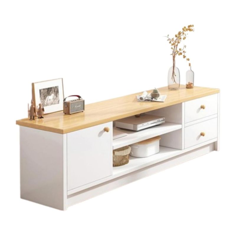 Meuble TV Scandinave – Jusqu'à 60 pouces – 140 cm – Chêne Jaune & Blanc – Niches ouvertes et tiroirs intégrés
