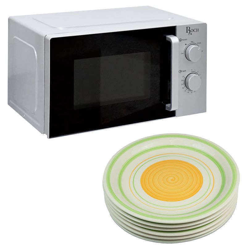 Micro-ondes mécanique ROCH - 20 litres - 700 watts - Gris + Ensemble de 6 plats cassables OFFERT