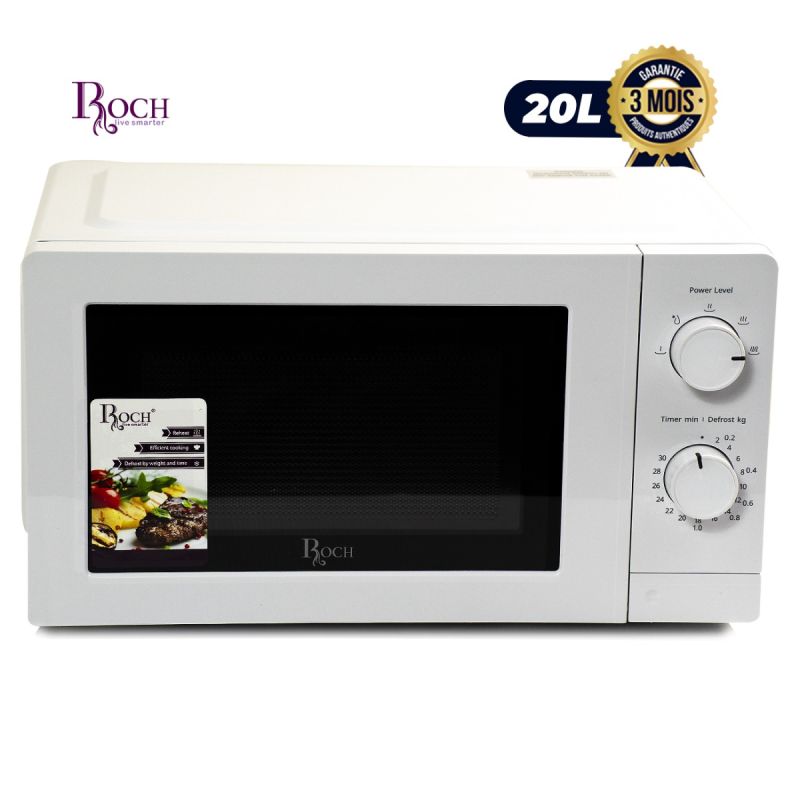 Micro-ondes ROCH 20 litres - RMW-20LM-A - 700 W - 5 niveaux de puissance - Commandes manuelles - Décongélation par poids et temps - Blanc - Garantie 3 mois