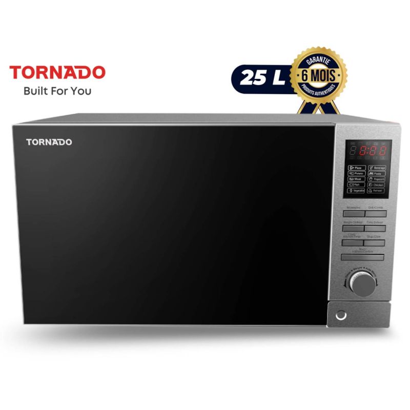 Micro‑ondes TORNADO 25L avec gril, argent, commandes digitales et manuelles, 900W + 1000W, garantie 6 mois, prix Cameroun.