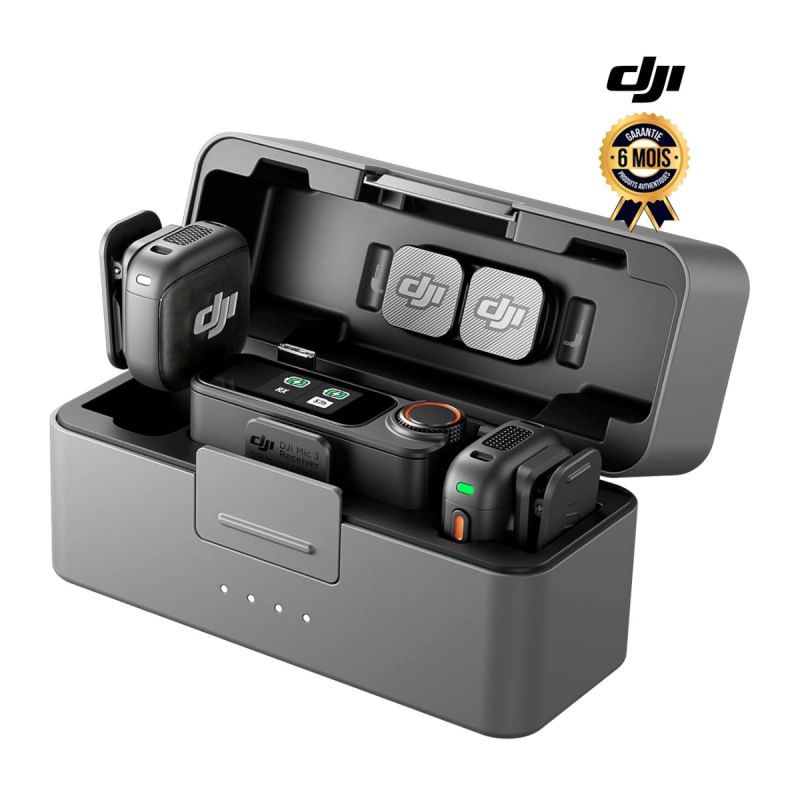 Microphone cravate professionnel sans fil DJI Mic 3 – 2 transmetteurs + 1 récepteur – Écran tactile AMOLED 1.1" – Portée 400 m – Stockage 32 Go – Enregistrement 32‑bit float – Adaptive Gain Control – Bluetooth 5.4 – Connexion caméra/smartphone/PC – 6 mois