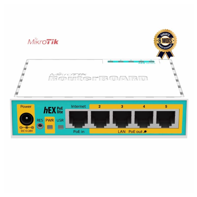 MikroTik hEX PoE lite (RB750UPr2) – Routeur Filaire SOHO – 5 Ports 10/100 (4 PoE-Out) – Port USB – RouterOS L4 – Garantie 6 mois