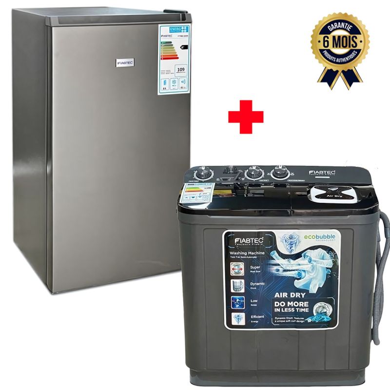 Pack Mini Maison FIABTEC – Mini Réfrigérateur 83L + Machine à Laver Semi-Auto 7Kg, prix Cameroun.