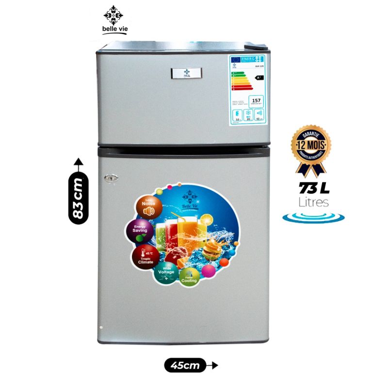 Mini Réfrigérateur de Bureau BELLE VIE BVF-129 - 2 Portes - 73 Litres - Réfrigérateur 53L - Congélateur 20L - Classe A+ · 157 kWh/an - 42 dB - Silver - Garantie 12 Mois