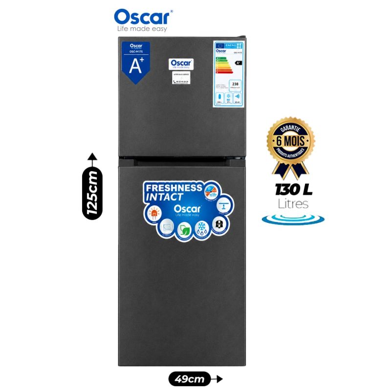 Mini Réfrigérateur OSCAR OSC-M175 – 130 L, gris foncé, 2 portes, garantie 6 mois, prix Cameroun. 