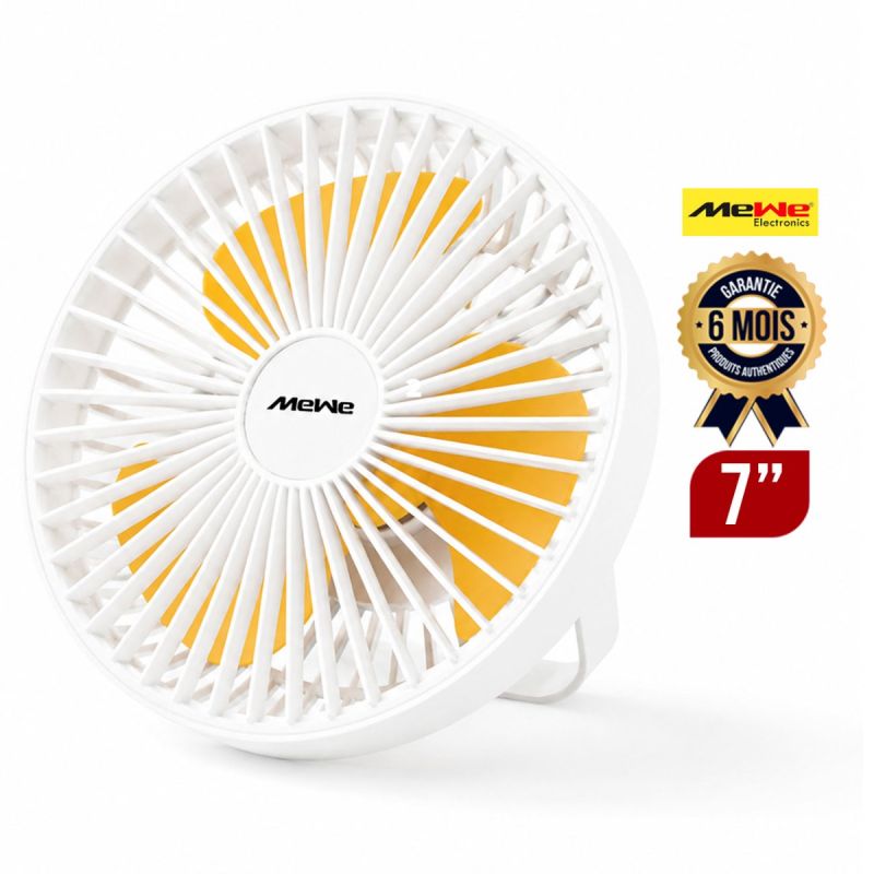 Mini Ventilateur Rechargeable à Main - MEWE MWFAN-MNF14Y – 7 Pouces – Batterie 2400 mAh – Éclairage LED 6 SMD – 3 Vitesses – USB – Garantie 6 Mois