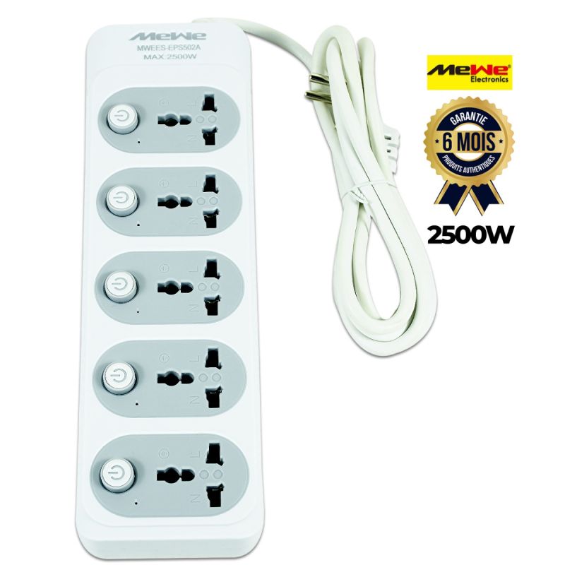 Multiprise MeWe 5 prises universelles avec interrupteurs individuels, garanti 6 mois sur Glotelho.