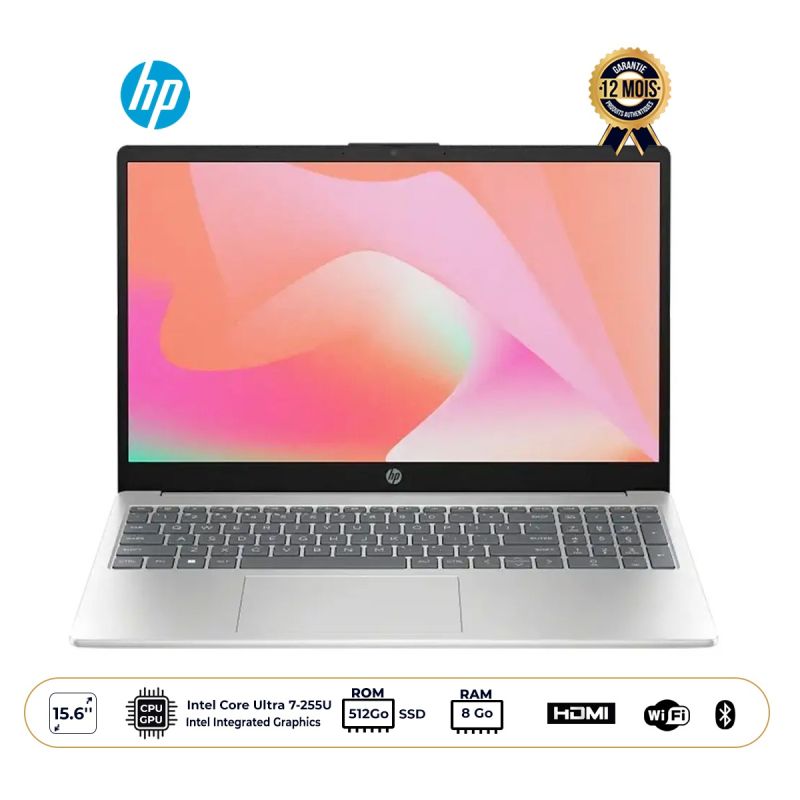 Ordinateur Portable - HP 15-FD -  512 Go SSD - 8 Go RAM DDR5 - Écran 15.6" FHD - Intel Core Ultra 7-255U - QWERTY - FreeDos - Gris - Garantie 12 mois