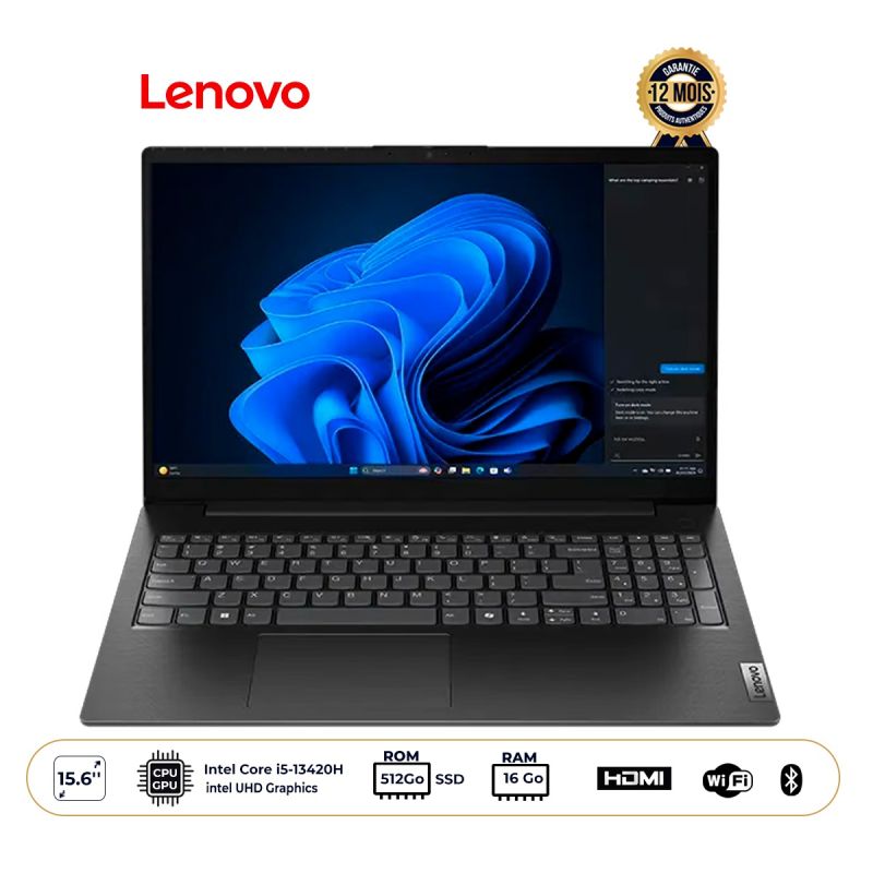 Ordinateur Portable - Lenovo V15 G5 - Écran 15.6" FHD - Intel Core i5-13420H - RAM 16Go - SSD 512Go - Clavier AZERTY - FreeDOS - Noir - Garantie 12 Mois