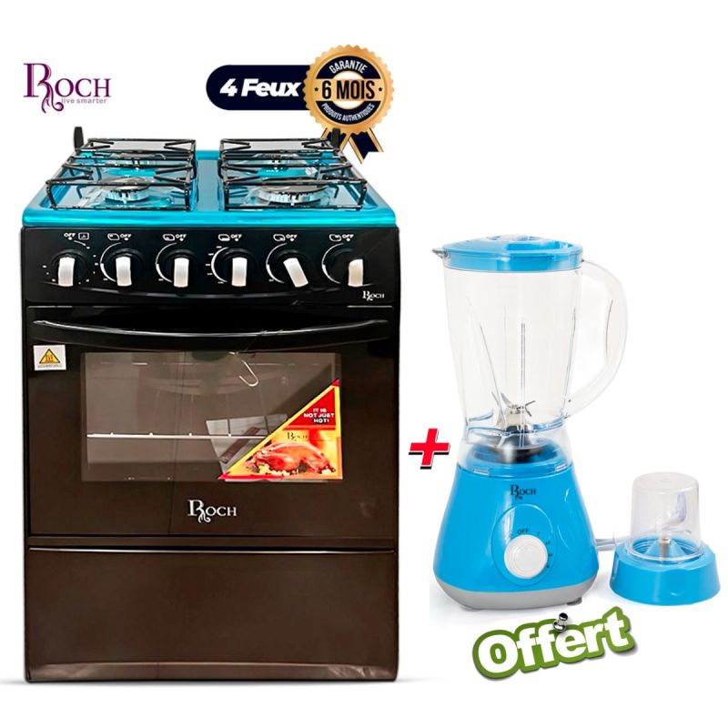 Pack Cuisine ROCH – Cuisinière à Gaz 4 Feux 50 × 50 cm Full Option (RGC-50G4-G(B)) – Noir + Blender 2 en 1 - 1,5 L OFFERT