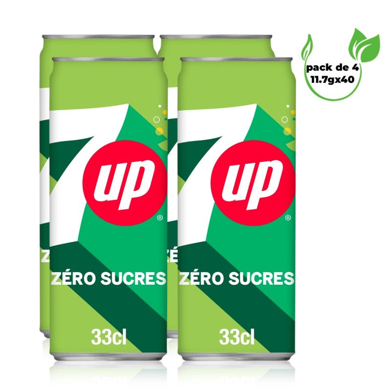 Pack de 4 canettes 7UP zéro sucres 33cl – Soda citron vert 