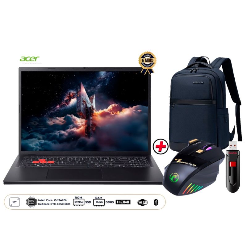 Pack Gaming ACER - PC Portable Nitro Lite 16" (165Hz) + Souris Sans Fil - i-Mice GW-X7+ Sac à Dos Laptop - Wepower Bleu + Clé USB SanDisk Cruzer Glide - 128 Go