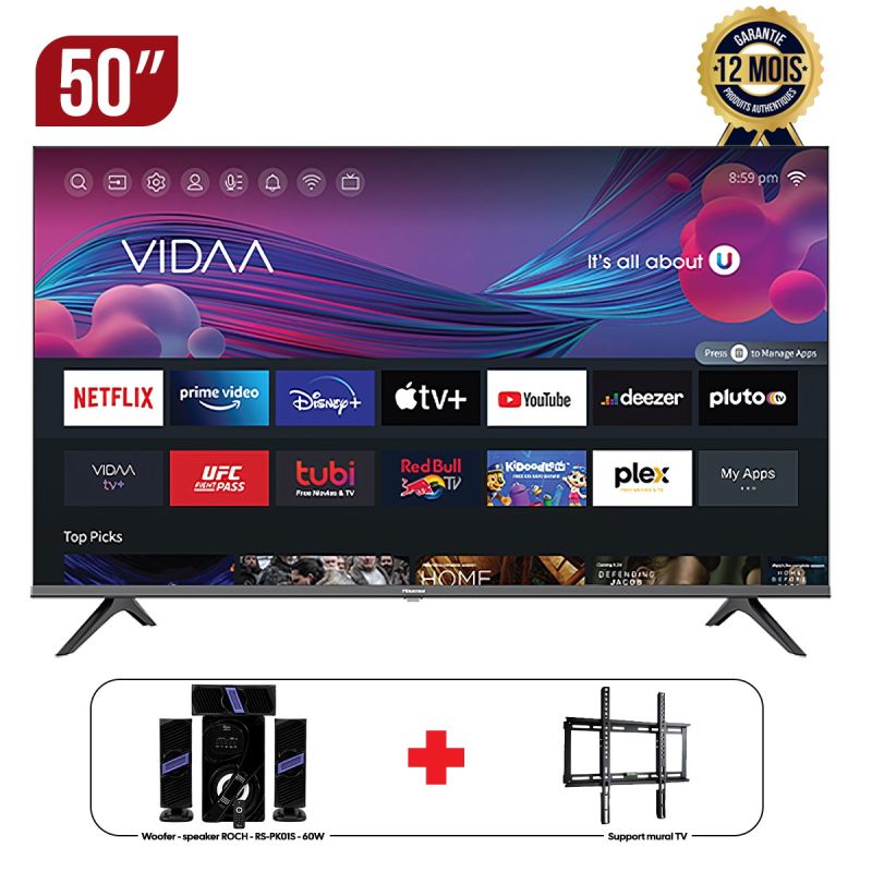 Pack TV SMART ROCH 50 pouces - RH-LE50DSV- C- VIDAA - DVB T2, S2 + Support Murale + Woofer ROCH 60W - RS-PK05S - Bluetooth/USB - Radio FM - Garantie 6 mois