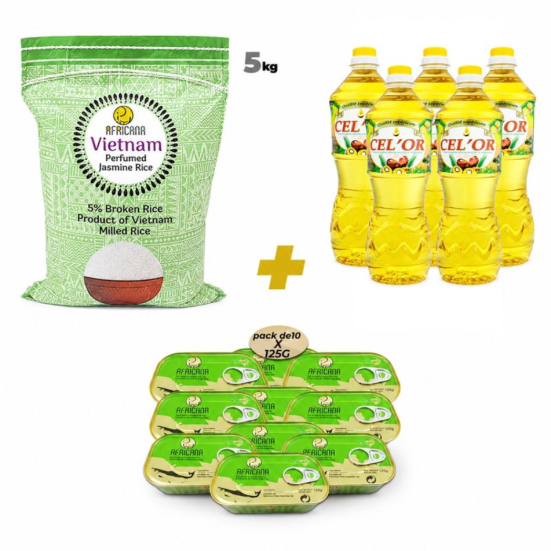 Pack Riz Africana 5 kg + 10 Sardines Pimentées + 5 bouteilles  d'huiles CEL’OR 900 ml