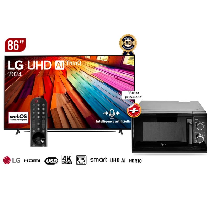 Pack TV Smart LG 86'' 4K - UHD - Processeur α5 AI - Gen7 AI - webOS 24 + Micro Onde Roch au prix Cameroun