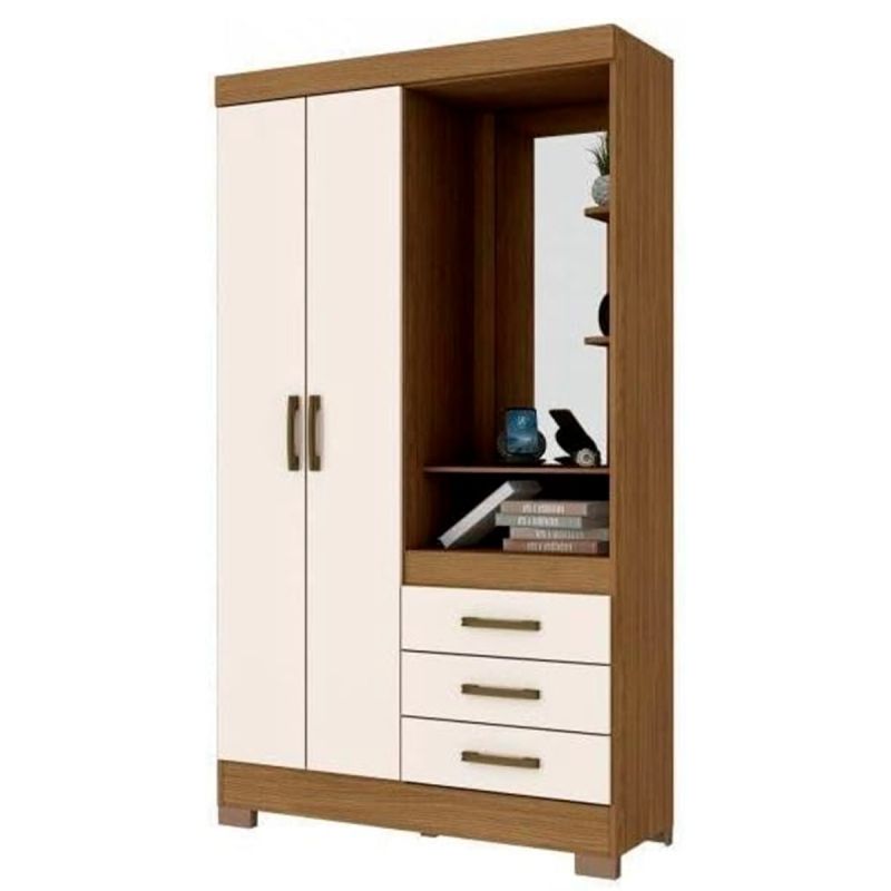 Penderie en bois avec miroir et tiroirs - 100 x 46,5 x 200 cm - PAGU - B64-127 - Multifonctionnelle (armoire, commode et coiffeuse) - Nature/Blanc cassé