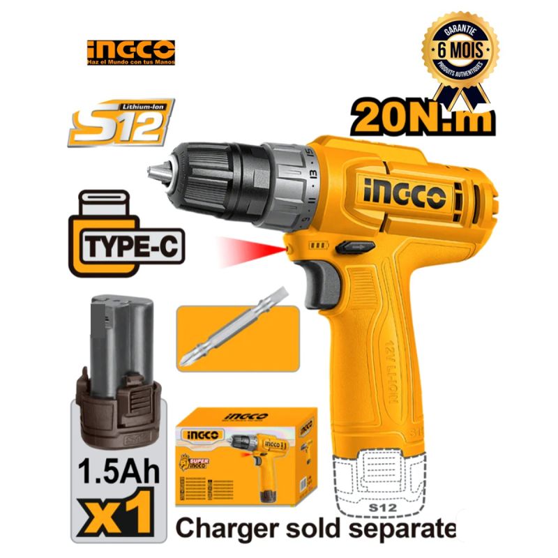 Perceuse sans fil prix en fcfa - INGCO CDLI12428 - 12V - 1.3Ah - Port USB Type-C| Glotelho Cameroun
