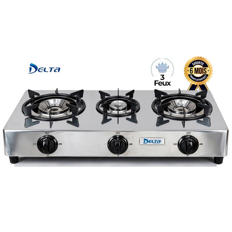 Plaque à Gaz 3 Feux - DELTA DL-GAS-3INOX - Corps Inox - Brûleurs Renforcés - Manettes Robustes - Pieds Antidérapants - Haute Efficacité - Garantie 6 mois