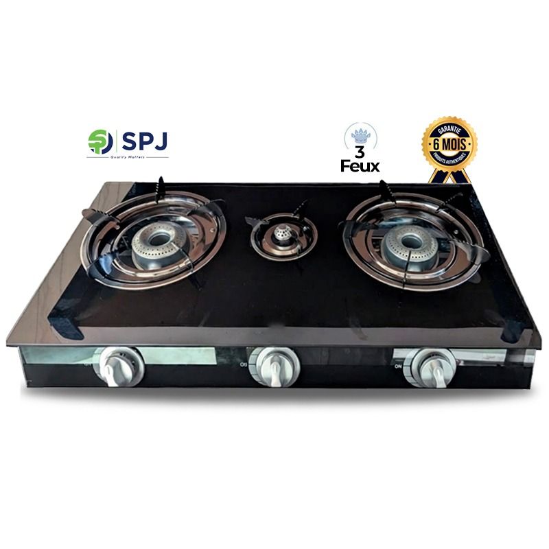 Plaque à Gaz 3 Feux SPJ TT-SSX3001 – Surface Verre Trempé Anti-rayures – Allumage Automatique – Grilles Fonte Émaillée – Châssis Anti-rouille – Pression 2800 Pa – Noir – Garantie 6 mois