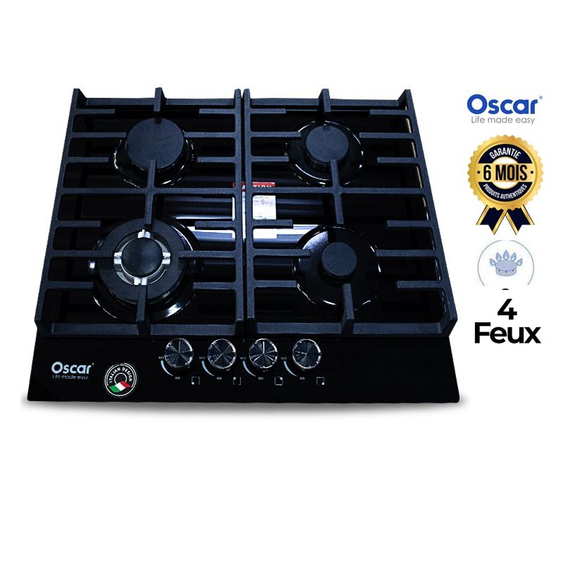 Plaque de Cuisson à Gaz Encastrable Oscar OSC-60HBG - 60 cm - 4 Feux - Table Verre Trempé Noir - Design Italien - Grilles en Fonte - Allumage Électronique - Sécurité Thermocouple - Garantie 6 Mois
