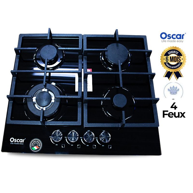 Plaque de Cuisson à Gaz Encastrable Oscar OSC-61HBG - 60 cm - 4 Feux Gaz - Table Verre Trempé Noir - Design Trendy - Grilles en Fonte - Allumage Électronique - Sécurité Thermocouple - Garantie 6 Mois