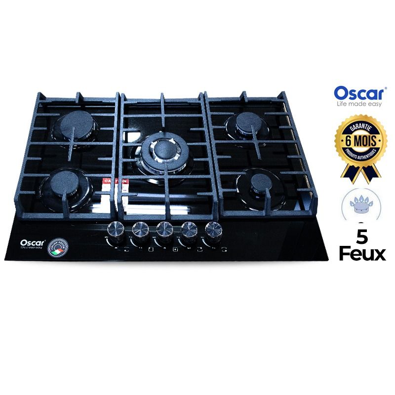 Plaque de Cuisson à Gaz Encastrable Oscar OSC-80HBG - 80 cm - 5 Feux Gaz avec Brûleur Wok Central - Table Verre Trempé Noir - Grilles Fonte - Allumage Électronique - Sécurité Thermocouple - Garantie 6 Mois