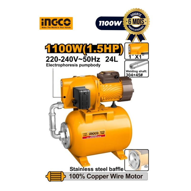 Pompe Surpresseur INGCO JPT110068  – 1100W (1,5 CV) – Haute pression 60m – 24L – Idéal pour forage domestiqueet jardinage