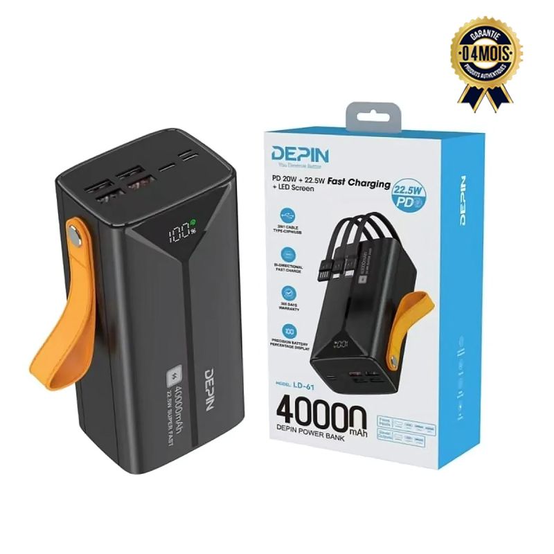 Powerbank DEPIN LD-61 Noir, 40 000 mAh, 22,5W avec  Câbles Intégrés, écran LED,7 ports, Garantie 4 mois - prix Cameroun. 