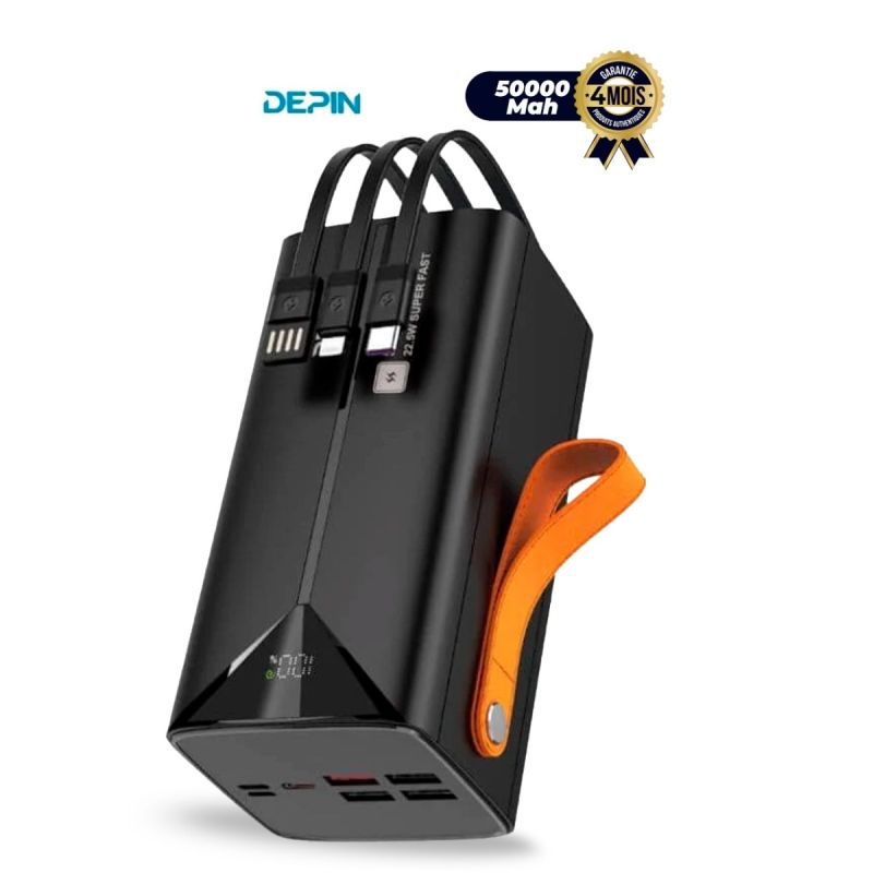 Powerbank DEPIN LD-63 - 50000mAh - 22.5Watts - Câbles intégrés - Affichage LED - Garantie 4 mois