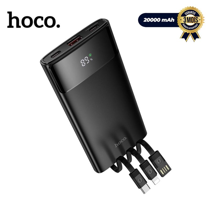 Powerbank HOCO DB89 – 10 000 mAh – 22,5W – Câbles USB-C & Lightning intégrés – Affichage LED numérique – Garantie 6 mois