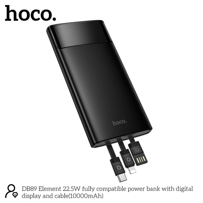 Powerbank HOCO DB89 – 10 000 mAh – 22,5W – Câbles USB-C & Lightning intégrés – Affichage LED numérique – Garantie 6 mois