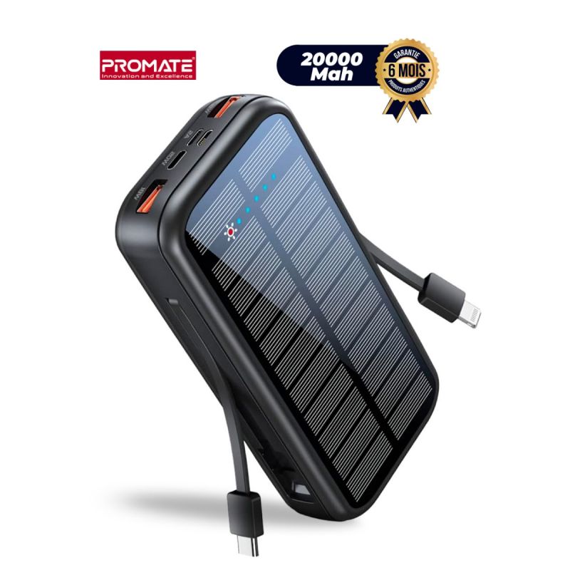Powerbank Solaire - Promate Ecolight solar - 20000mAh - câbles USB-C et Lightning intégrés - 5 en 1 - 20Watts - Garantie 6 mois