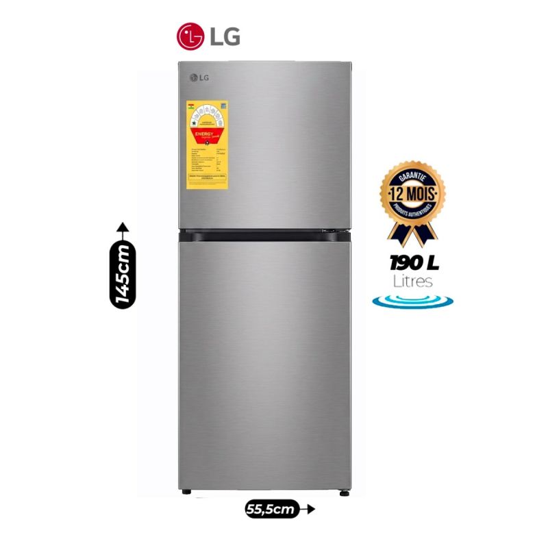 Réfrigérateur double portes - LG - GCFB195PQCF - 190 Litres - Smart Inverter - Fast Cooling - Clayettes en verre trempé - Silver - Garantie 12 Mois