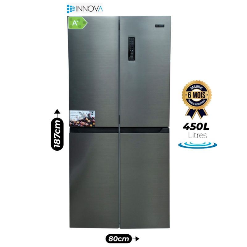 Réfrigérateur Américain INNOVA 450 L, gris, 4 portes côte-à-côte, garantie 6 mois au prix Cameroun. 