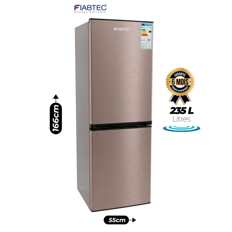 Réfrigérateur Combiné FIABTEC FTDF-345R - 235L - Classe Énergétique A+ - Congélateur Bas 3 Tiroirs - Bac à Légumes - Gaz R600a - Finition Inox - Garantie 6 mois