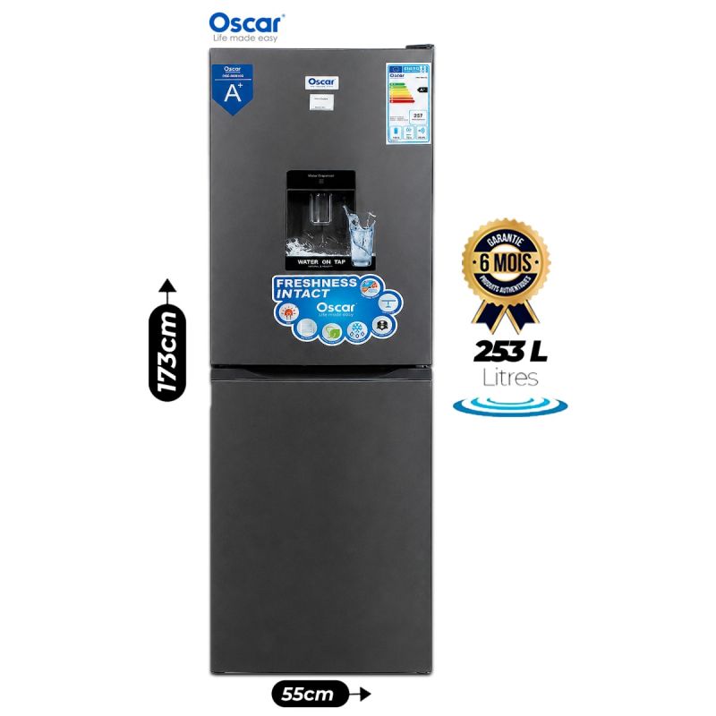 Réfrigérateur combiné OSCAR OSC-M295D – 253 Litres – Avec Distributeur d'Eau - Réfrigérateur 153L – Très Grand Congélateur 100L – Classe A+ – 257 kWh/an – 39 dB – Inox – Garantie 6 Mois