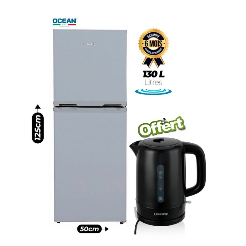PACK Réfrigérateur Double porte OCEAN  DDOS-170KSA+ - 130 L - Garantie 6 Mois + Bouilloire électrique HISENSE H17KBKS5 - 1,7 litre OFFERTE