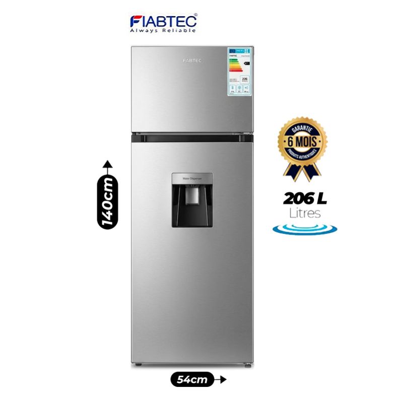 Réfrigérateur FIABTEC FTDFU-210FWD – 206 Litres – Distributeur d'eau intégré – Direct Cool – Congélateur 36L – Réfrigérateur 170L – Classe Énergétique A+ – Finition Acier Inoxydable – Garantie 6 Mois