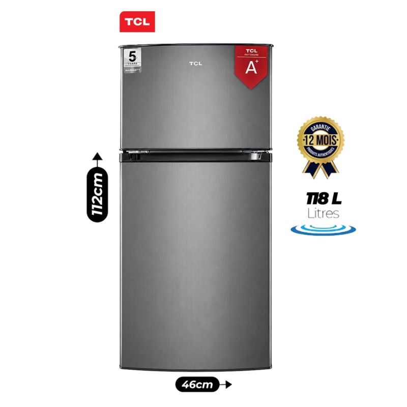 Réfrigérateur TCL Double Battant F152TMG - 118 Litres A+, gris, garantie 12 mois, prix Cameroun. 