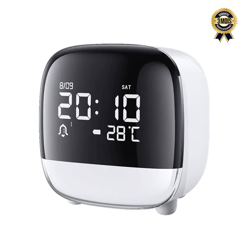 Réveil numérique Oraimo ClockPoint Plus  – OSH‑002A– Écran LED intelligent (heure, date, température) – Veilleuse tactile ajustable – 3 alarmes + Snooze 5 min – Auto‑off – Batterie rechargeable 1200 mAh – Charge USB <3,5h – Garantie 6 mois