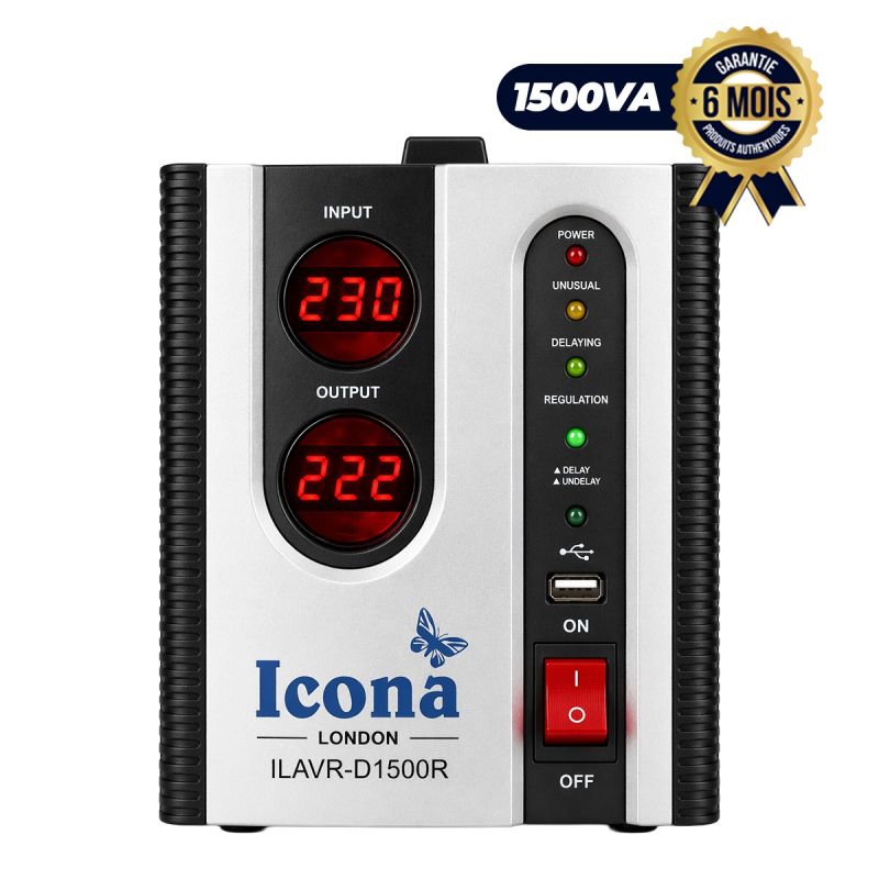 Régulateur Automatique de Tension - ICONA - ILAVR-D1500R - 1500VA - Contrôle par Microprocesseur - AVR Digital - Monophasé - Garantie 6 mois