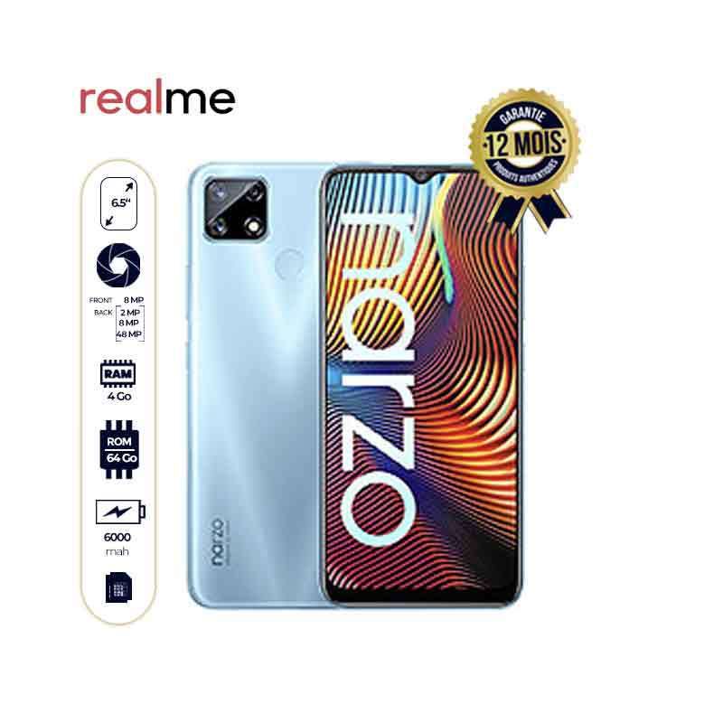 REALME NARZO 20 - 64Go/4Go - 6.5'' - 6000 mAh -  48MP+8MP+2MP/8MP - 12 mois garantie | Glotelho Cameroun