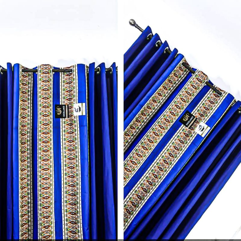 Lot De 2 Rideaux Africain Occultant (Lourd) & Voilage Transparent - Bleu/Marron