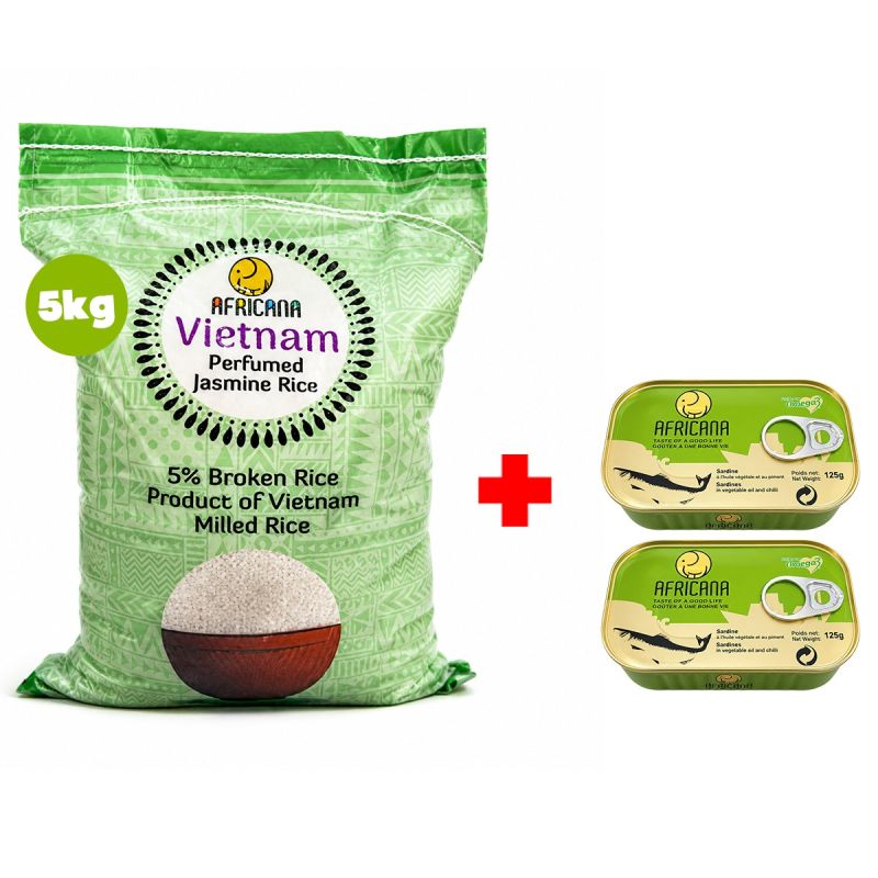 Pack AFRICANA : Riz Parfumé 5 kg + 2 Sardines Pimentées (125g) Offertes